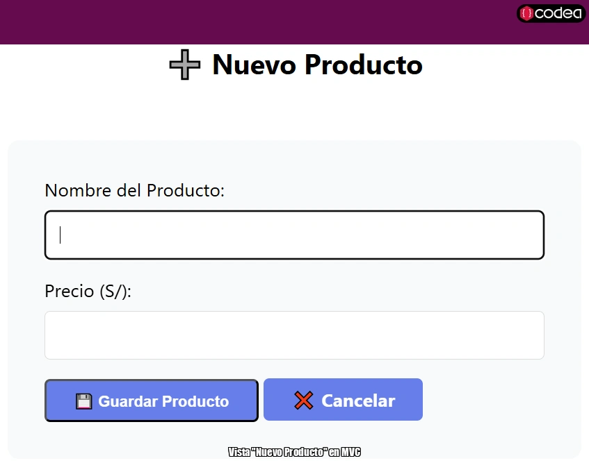 Vista "Nuevo Producto" en MVC